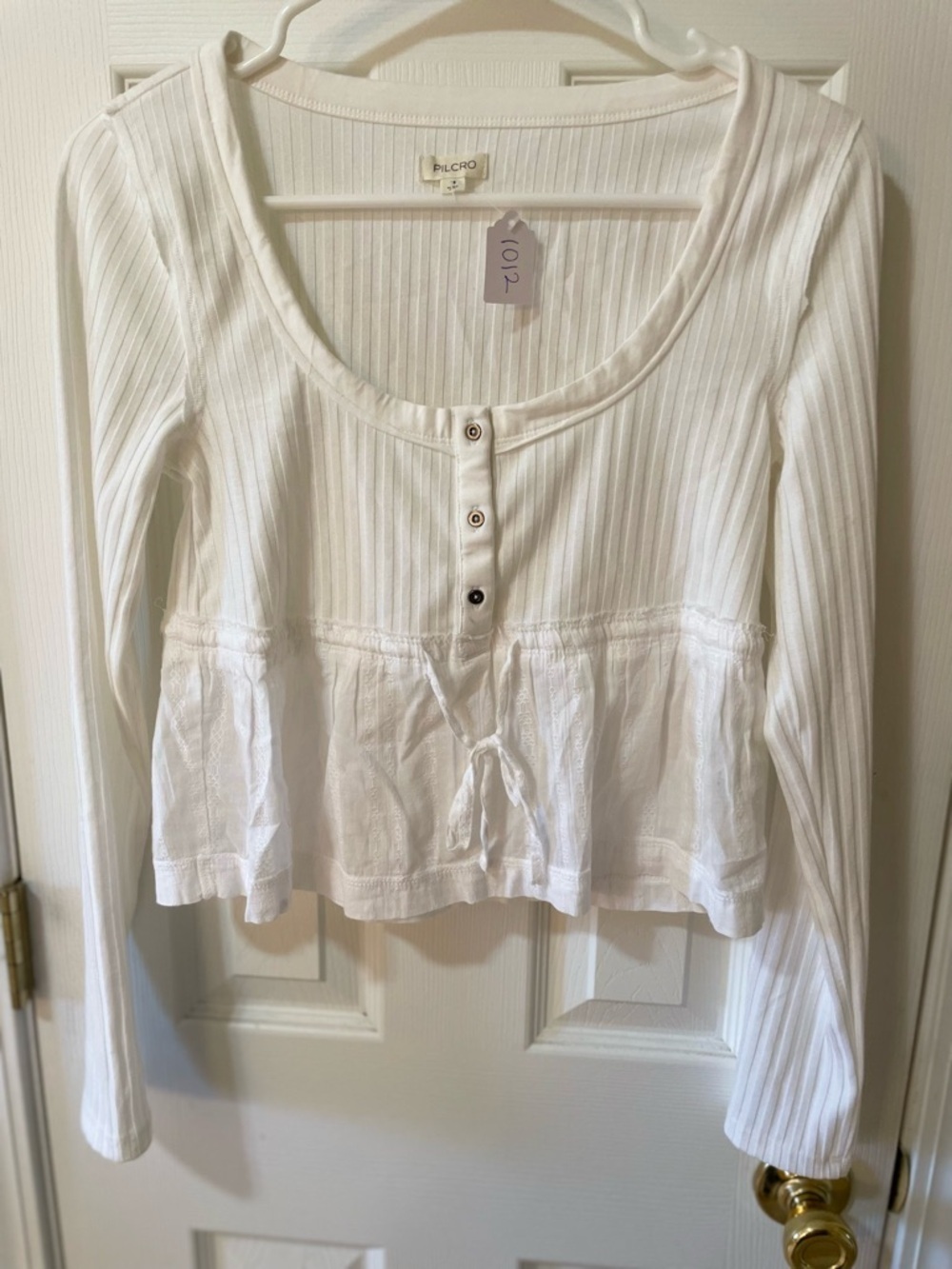 Pilcro Anthropologie XS Ribbed Peplum Henley Lace Top Ivory 🤍